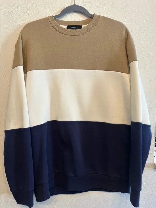 Forever 21 Men Colorblock Crewneck Sweatshirt - Tan, White, Navy - Picture 1 of 2
